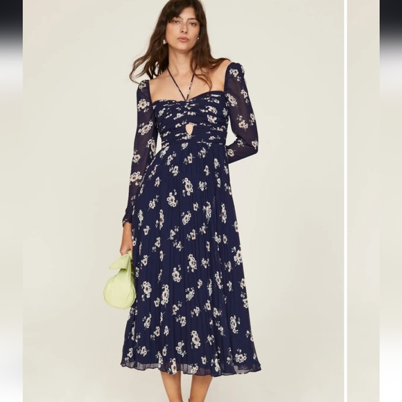 Self Portrait Pansy Midi Dress in Dark Navy Print Chiffon Cut Out